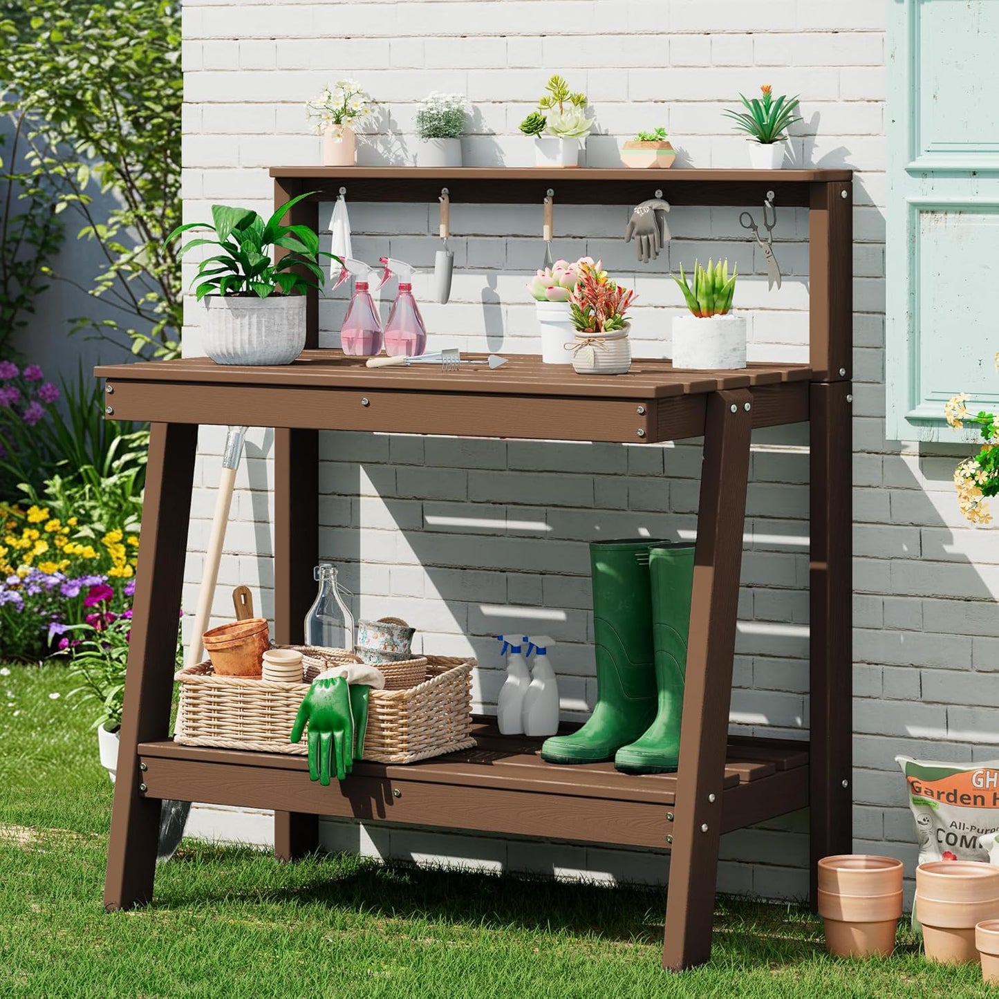 SERWALL Potting Bench Outdoor with Storage, 3-Tier HDPE Gardening Table with Angled Legs & Tool Hooks, All-Weather Heavy Duty Potting Table for Patio, Backyard, Garden, Brown