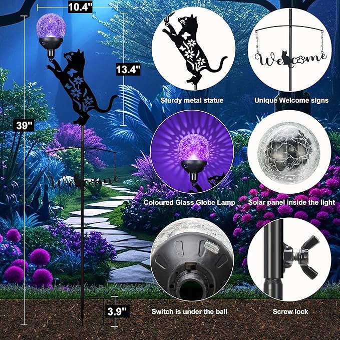 40’’ Metal Black Cat Silhouette Solar Garden Statue Outdoor with Color Changing Crackle Glass Ball Light Decorative Welcome Home Yard Sign Stakes