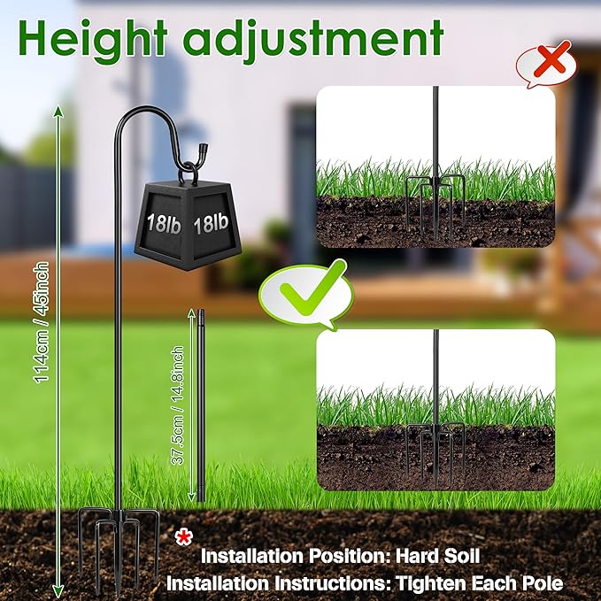 XDW-GIFTS Bird Feeder Pole for Outdoor, 4-Pack 45 Inch Shepherds Hooks Heavy Duty Garden Pole for Hanging Plant Basket, Solar Light Lanterns, Garden Plant Hanger Stands with 5 Base Prongs