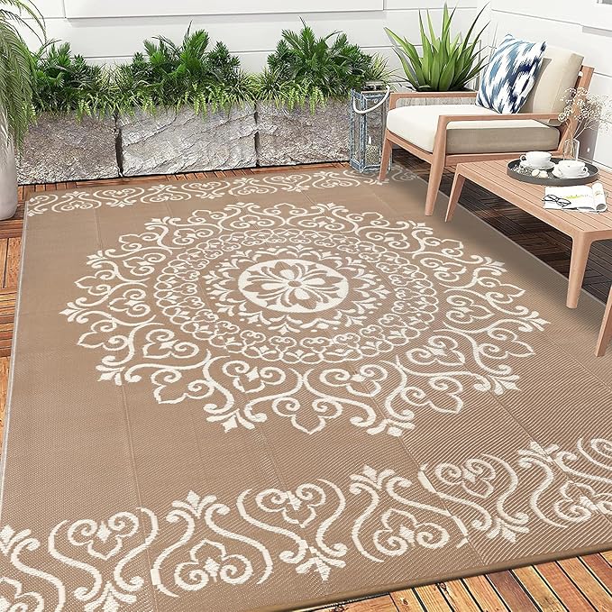 Pauwer Waterproof Outdoor Rug 8x10, Reversible Plastic Straw Patio Camping Rug, Indoor Outdoor RV Mat Carpet for Deck, Camper, Porch, Balcony, Backyard, Picnic, Floral Brown