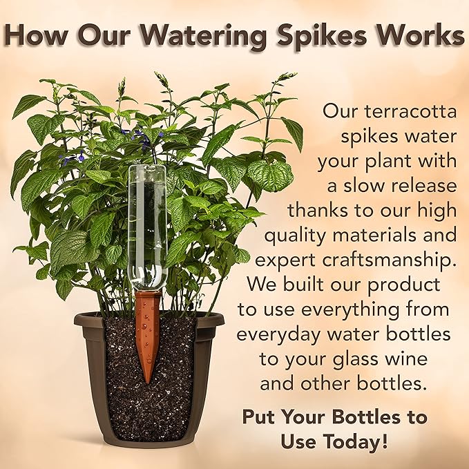 6 Pack Terracotta Watering Spikes for Indoor and Outdoor Plants - Simple and Easy Setup - Keep Plants Happy and Watered While You are Away