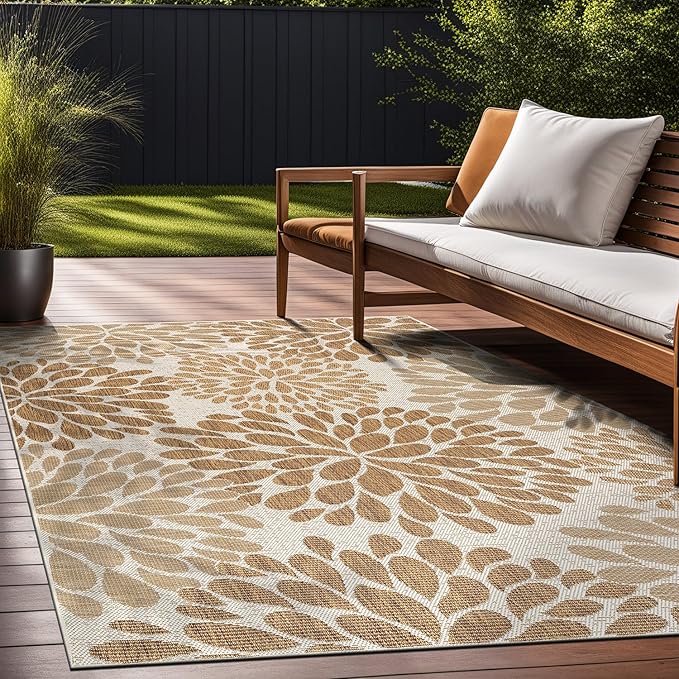 Beverly Rug Outdoor Rug 9x12 Modern Exotic Tropical Leaf Area Rugs for Indoor and Outdoor Patio Deck Porch Garden Water Resistant Washable Outside Carpet (9 x 12 Beige)