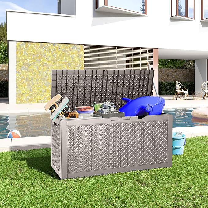 100 Gallon Resin Deck Box, Lockable Outdoor Storage Box for Patio Cushions Storage Furniture,Garden Tools, Pool Supplies, Weatherproof and UV Resistant (Grey L)