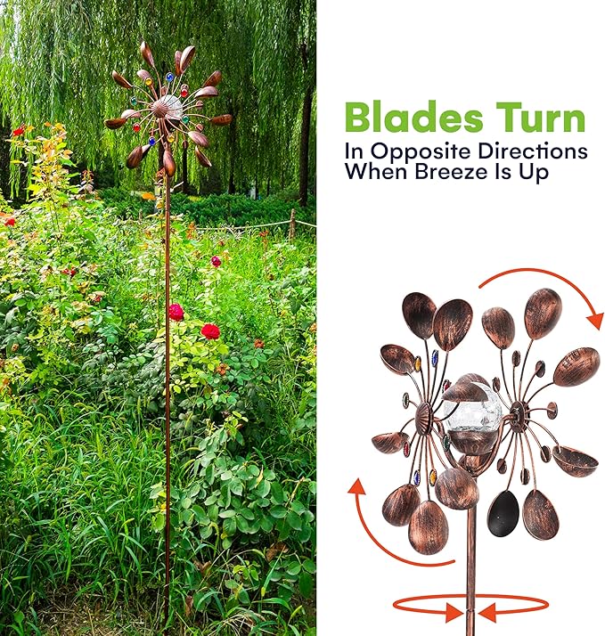 SteadyDoggie 75-Inch Wind Spinners Jewel Cup - Solar-Powered with Multi-Color LED Glass Ball - Metal Kinetic Windmill for Dual Wind Direction - Easy to Assemble Garden and Outdoor Yard Decorations