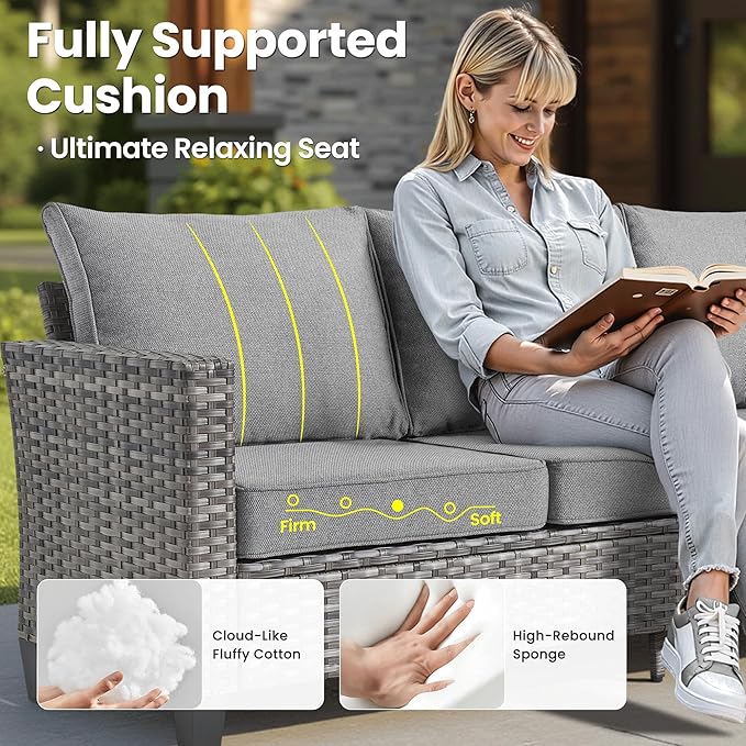 ovios 6 Pieces Patio Furniture Set with 54" Fire Pit Table, Outdoor Wicker Sofa with Comfy Cushions, All Weather High Back Rattan Couch Conversation Set, Dark Grey