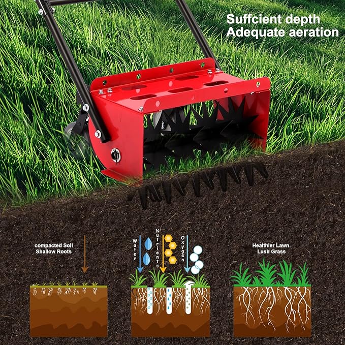 Lawn Aerator,16.5 inch Push Spike Aerator with Side skids, Height Adjustable Rear Wheel Pushed Aerator Lawn Tool, 2025 Upgraded Rolling Manual Tiller,Suitable for Lawn, Garden and Yard.