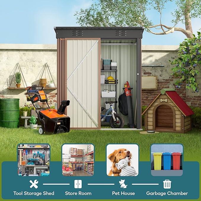 Gizoon 5' x 3' Outdoor Storage Shed with Singe Lockable Door,Galvanized Metal Shed with Air Vent Suitable for The Garden,Tiny House Storage Sheds Outdoor for Backyard Patio Lawn-Brown