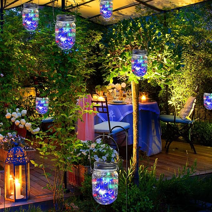 Hanging Solar Mason Jar Lights,ZQX 6 Pack 20 Led String Hanging Mason Jar Lanterns for Outdoor,Great Decor Light for Outside Patio Garden Yard Fence Wedding Table,Hangers and Jars Included（Multicolor）