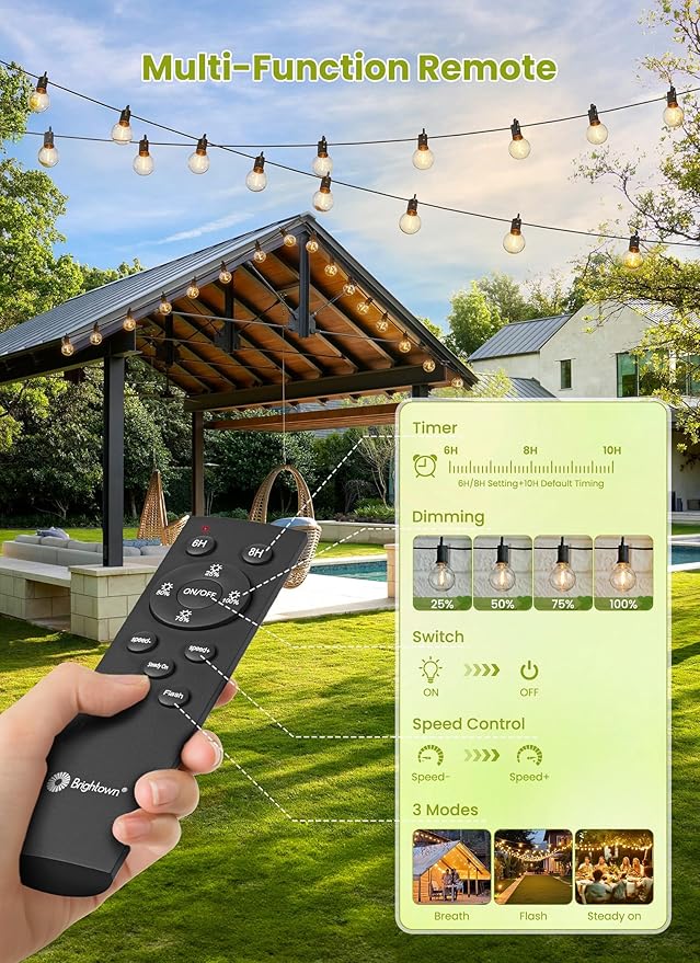 Brightown 58FT Solar String Lights Outdoor with Remote Cable Ties and Hooks, Commercial Grade Patio Lights with 26 LED Shatterproof Bulbs, 3 Light Modes Hanging Light for Backyard Party Decor