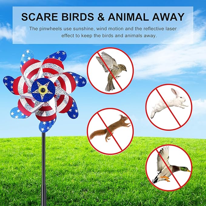 BATTIFE 10 Packs Patriotic Sparkly Reflective Pinwheels for Yard and Garden, American Flags Blinding Birds Pin Wheel Scare Birds & Animal Away, Wind Spinner for 4th of July
