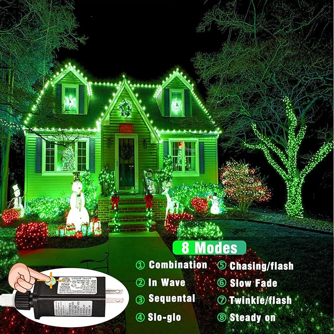 500 LED Green Christmas Lights Outdoor, 165ft Green String Lights Indoor Clear Wire 8 Modes Waterproof Plug in Green Twinkle Fairy Lights with Timer Memory for Room Tree Party Decorations