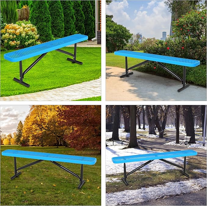 48" L Outdoor Steel Flat Bench, Heavy Duty Metal Park Bench for Outside, Expanded Metal, Commercial Benches Mesh Bench for Shopping Mall, Store, Lawn, Park, Patio, Deck, Garden (Blue, 6FT)