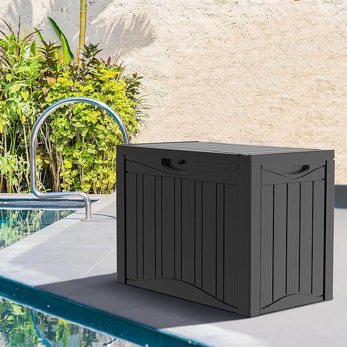 50 Gallon Plus Outdoor Storage Box, Waterproof Resin Deck Box for Patio, Pool, and Garden, Lockable Bin for Cushions, Tools, and Accessories, UV-Resistant, Black