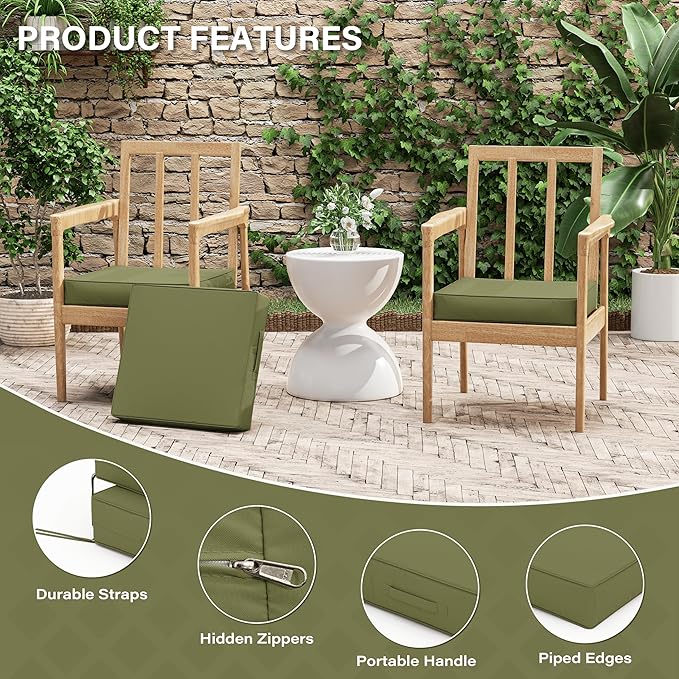 Patio Chair Cushions 17 X 16 X 3 Inch Waterproof Outdoor Seat Cushions for Patio Furniture, Outdoor Sofa Couch Pads with Ties & Handle, Set of 2, Light Green