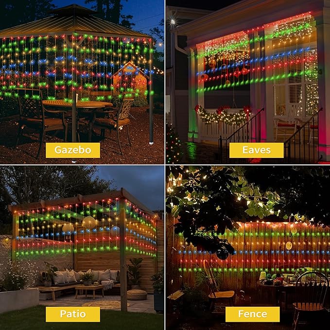 32.8 * 3.28FT Large Size Solar Curtain Lights Outdoor, 8 Modes Icicle Lights, Solar Garden Christmas Decortions for Patio, Gazebo, Eaves, Fence, Tree, Porch (Multicolor)