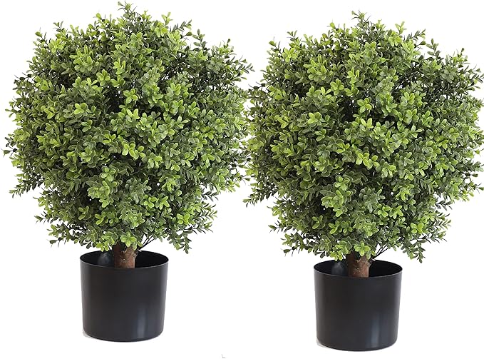 Artificial Topiary Ball Tree, 2 Pack Artificial Plants Outdoor, Ball Shaped Boxwood Topiary, Artificial Shrubs Potted for Indoor and Outdoor (22inch)