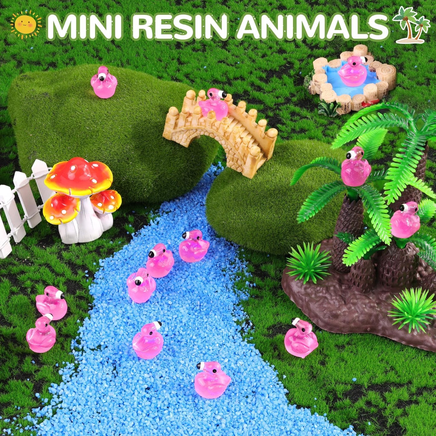 200PCS Mini Resin Animals Cute Rose Pink Tiny Flamingo Ducks Glow in Dark, Miniature Figures to Hide, Small Animal Toys Accessories Bulk for Topper Garden Dollhouse Ornaments DIY Crafts & Decor
