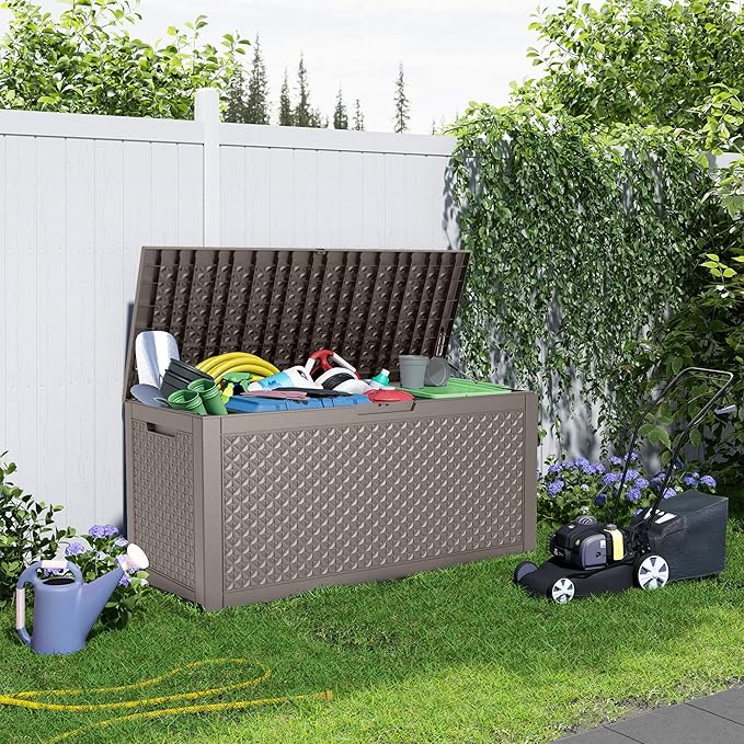 100 Gallon Outdoor Storage Box - Deck Box Waterproof Patio Furniture, Garden Tools, Cushions, Pool Accessories Outside Storage Resin Box