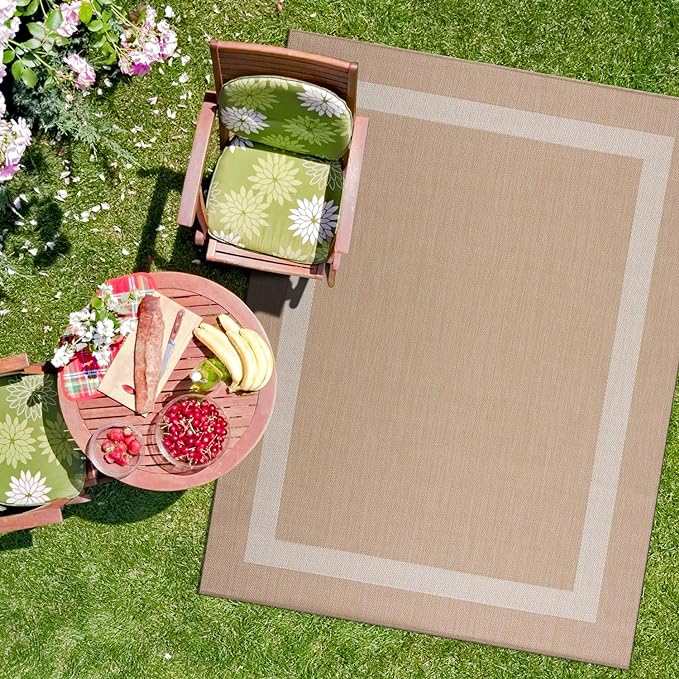 CAMILSON Outdoor Rug 6x9, Modern Outside Rugs for Patios Porches Waterproof Durable Washable Non-Shedding, Easy-to-Clean Indoor Outdoor Area Carpet (6 x 9, Bordered - Beige/White)