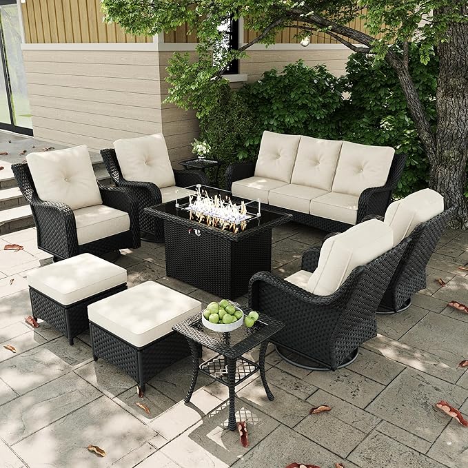 10 Pieces Outdoor Patio Furniture Sets with Rocking Swivel Chairs with 6-inch Thick Cushion and Fire Pit Table for Deck Lawn