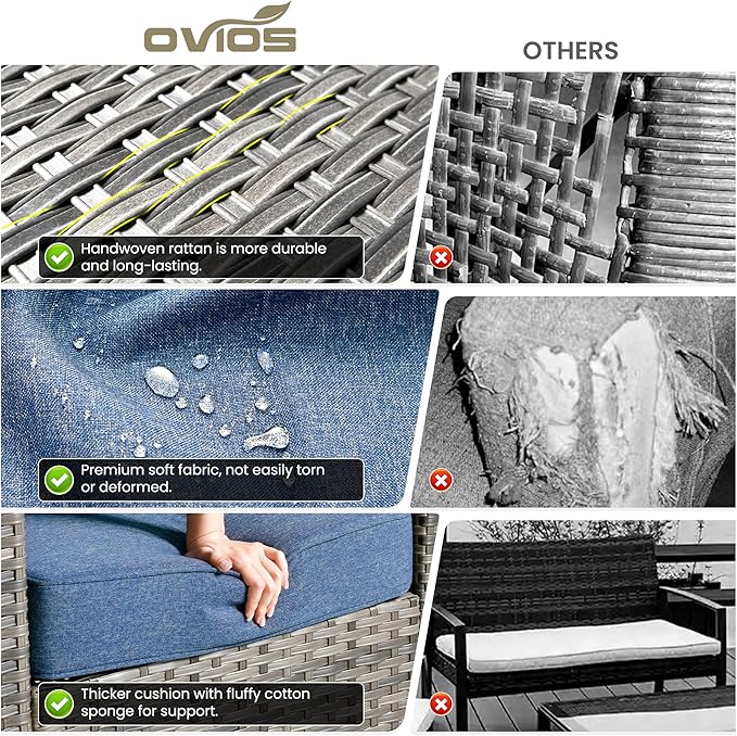 ovios 7 Pieces Patio Furniture Set with 54" Fire Pit Table, Outdoor Wicker Sofa with Comfy Cushions, All Weather High Back Rattan Couch Conversation Set, Denim Blue
