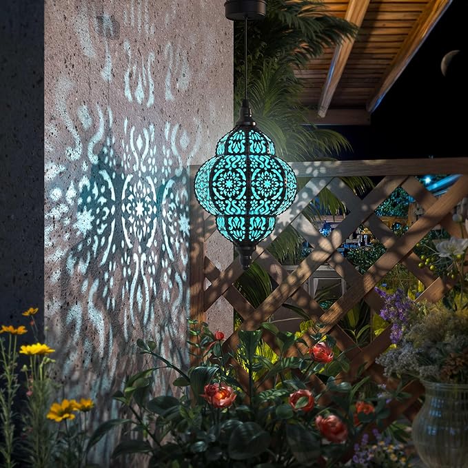 Hanging Solar Lights Outdoor Garden Decor Solar Lantern Waterproof Plastic Moroccan Outdoor Decorations for Patio Pathway Yard Backyard Garden Decorative (1, Black)