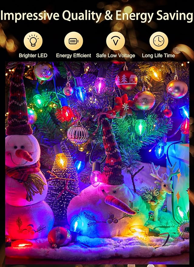 Vintage C9 LED Christmas Lights Outdoor, 50 Feet C9 String Lights with 50 Colored Shatterproof Bulbs, Connectable Waterproof Lights for Holiday Party Roofline Backyard Garden Patio, Green Wire