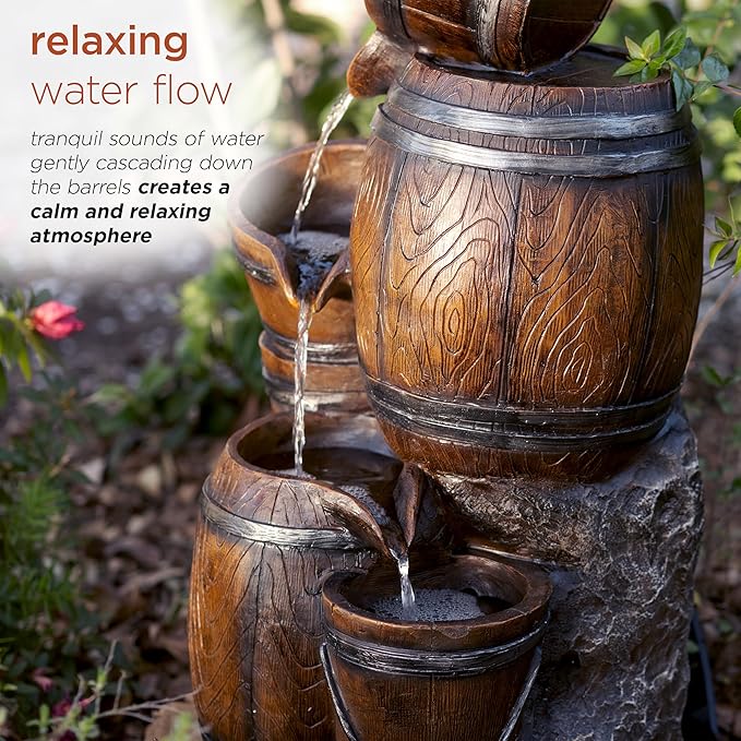 Alpine Corporation ZEN409S 24" Indoor/Outdoor Floor Tiered Barrels and Buckets Fountain, Rustic 4-Tier – Water Feature for Garden, Patio, and Home Décor, Brown