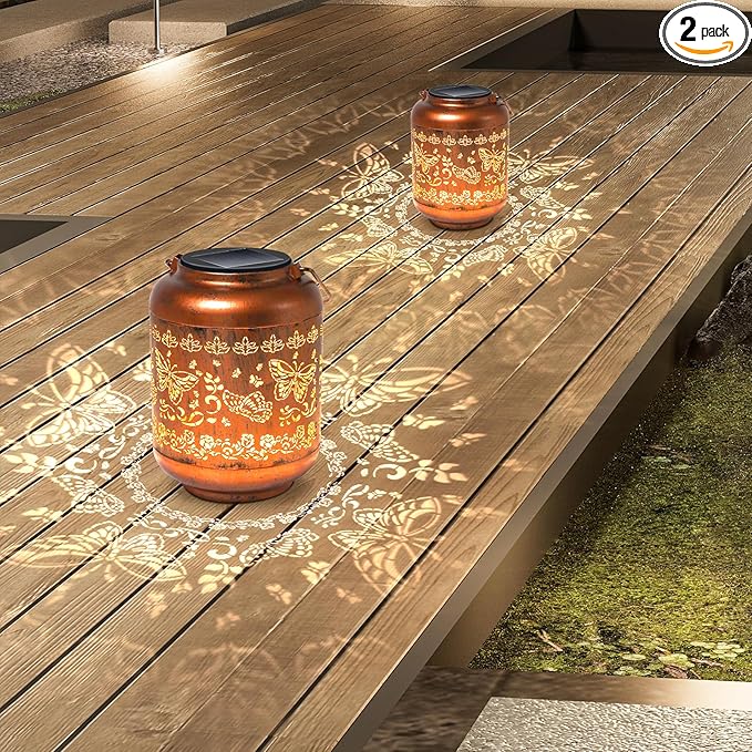 2Pack Butterfly Solar Lanterns Outdoor Hanging Waterproof Lanterns for Garden Decor Christmas Gifts for Women Mom Grandma Metal Solar Lights Decoration Outside for Yard, Patio,Pathway Landscape