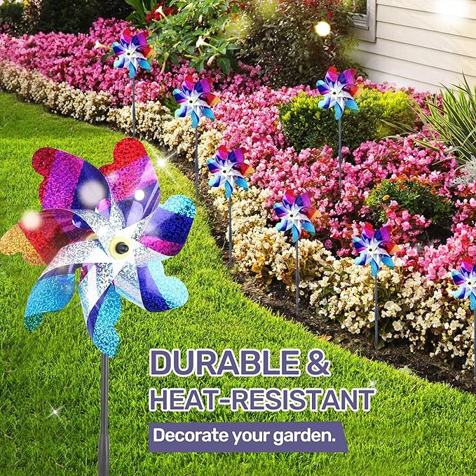 BATTIFE 10 Pack Sparkly Rainbow Pinwheels, Reflective Wind Spinner for Yard and Garden with Stakes, Decor Windmill to Scare Birds Away for Lawn and Patio