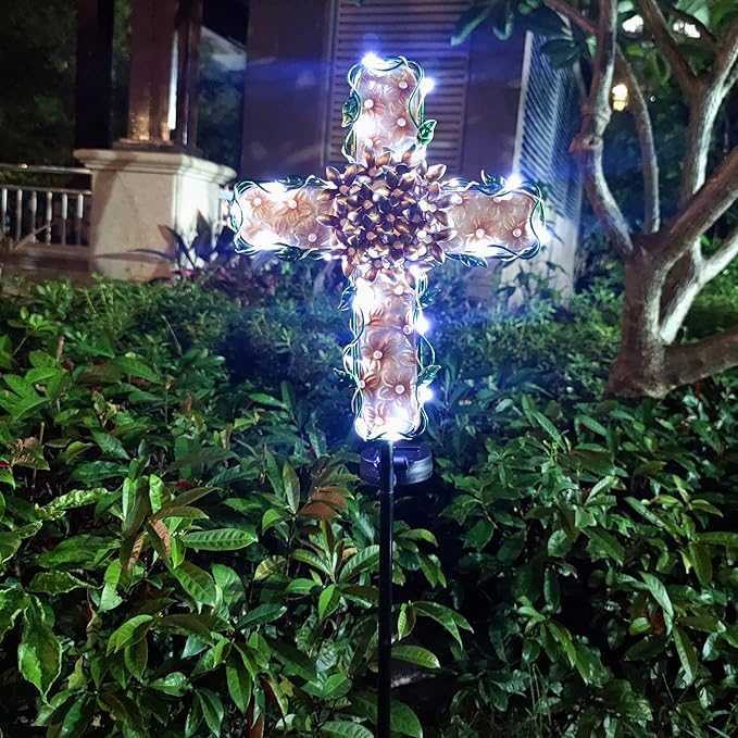 38inch Solar Cross Garden Lights Outdoor Decorative - Solar Metal&Glass Cross Apricot Hydrangea Flower Stake Lights- Waterproof 20 White LED for Remembrance Gifts & Sympathy Gifts
