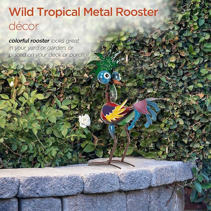 Alpine Corporation 19" Tall Indoor/Outdoor Wild Tropical Metal Rooster Yard Statue Decoration, Multicolor