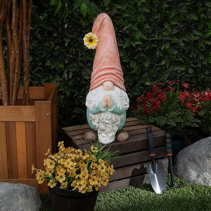 Alpine Corporation MCC846 Indoor/Outdoor Praying Gnome with Sunflower Garden Statue, Peaceful Gnome Statue w/Hat, 23" H, Pink
