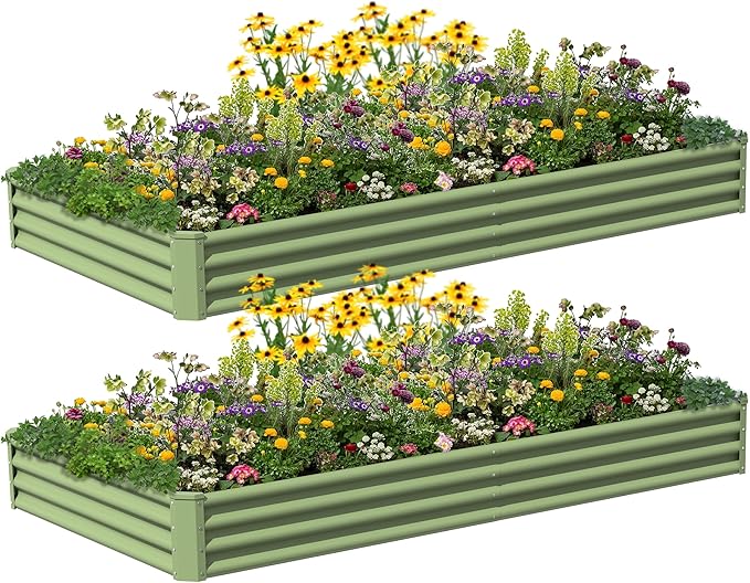 8X4X1ft 2PCS Raised Garden Bed Kit,Galvanized Raised Garden Beds Outdoor,Large Metal Planter Box Steel Kit Flower Herb,Vegetables..Grass Green