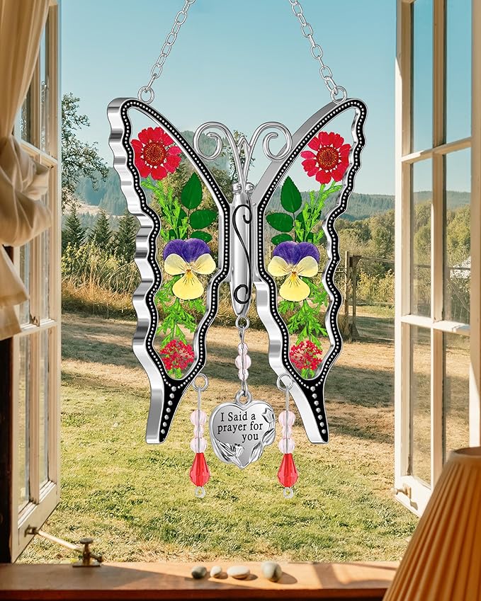 KY&BOSAM Butterfly Suncatcher I Said a Prayer for You Stained Glass Butterfly Suncatchers Hanging for Window Wind Chime Gifts for Friend Mother`s Day Birthday Christmas Thanksgiving Ornament Gifts