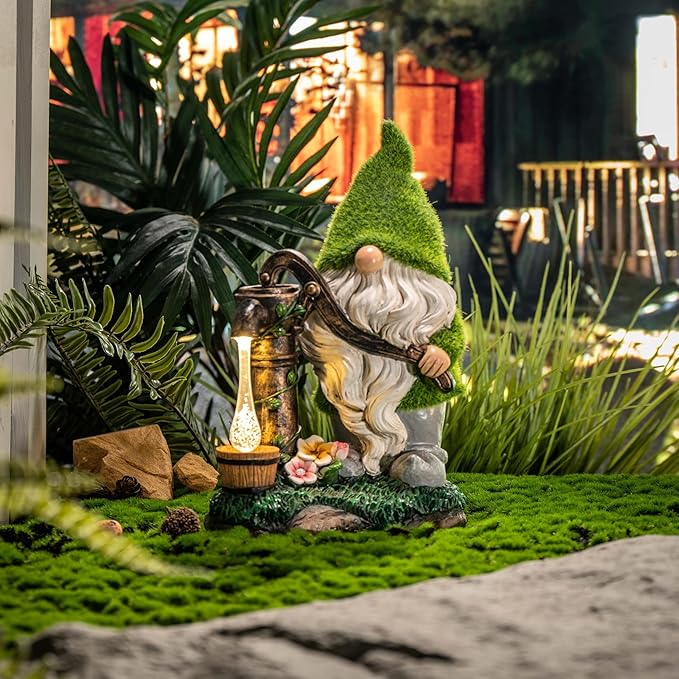 TERESA'S Collections Resin Garden Gnomes Decor with Solar Lights, Light Green Outdoor Decorations for Porch Patio, Gifts for Women and Men，Outdoor Garden Decor Ornaments for Outside, 9"