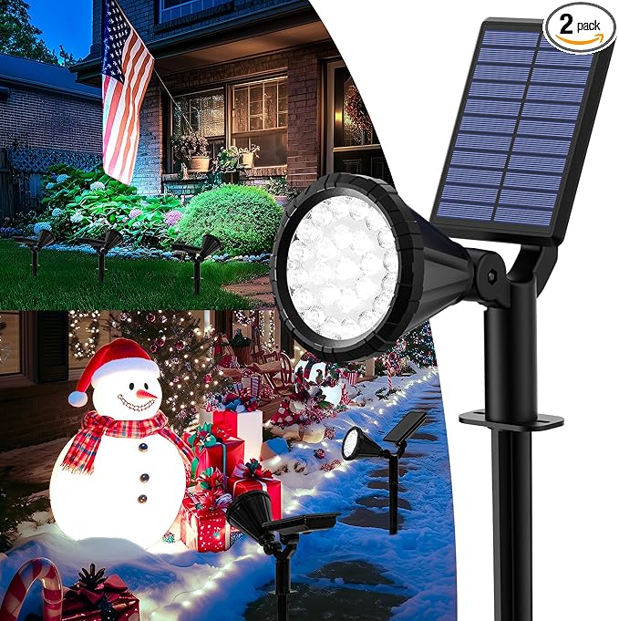 Solar Spot Lights Outdoor Waterproof IP65, Flag Pole Light Solar Powered Spot Lights, Landscape Lighting Spotlights for Tree, House, Yard, Backyard, Garden Decorations-2 Pack