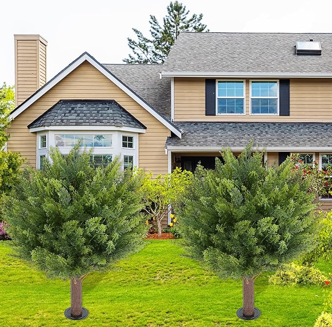 Artificial Cedar Shrub Ball Trees Two 15.8inch with Ground Spikes, can be Planted in The Ground and in pots, Outdoor Artificial Plants Resistant to UV Rays