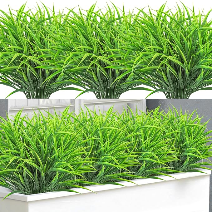 Ouddy Decor 16 Bundles Artificial Plants Outdoor Fake Grass Greenery Stems UV Resistant Faux Plastic Shrubs for Spring Summer Garden Pathway Window Box Front Porch Home Decor, Green
