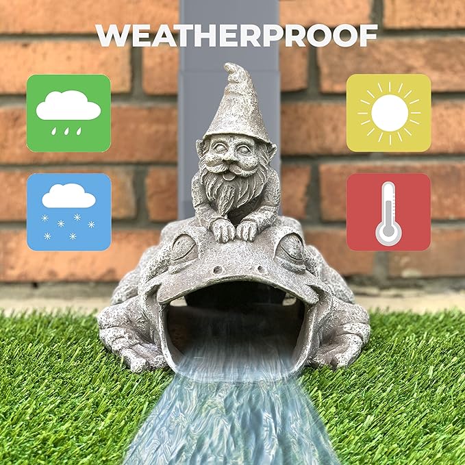 Gutter Downspout Extension - Downspout Splash Block - Downspout Diverter Garden Statue (Gutter in The Form of Funny Gnome on a Frog)