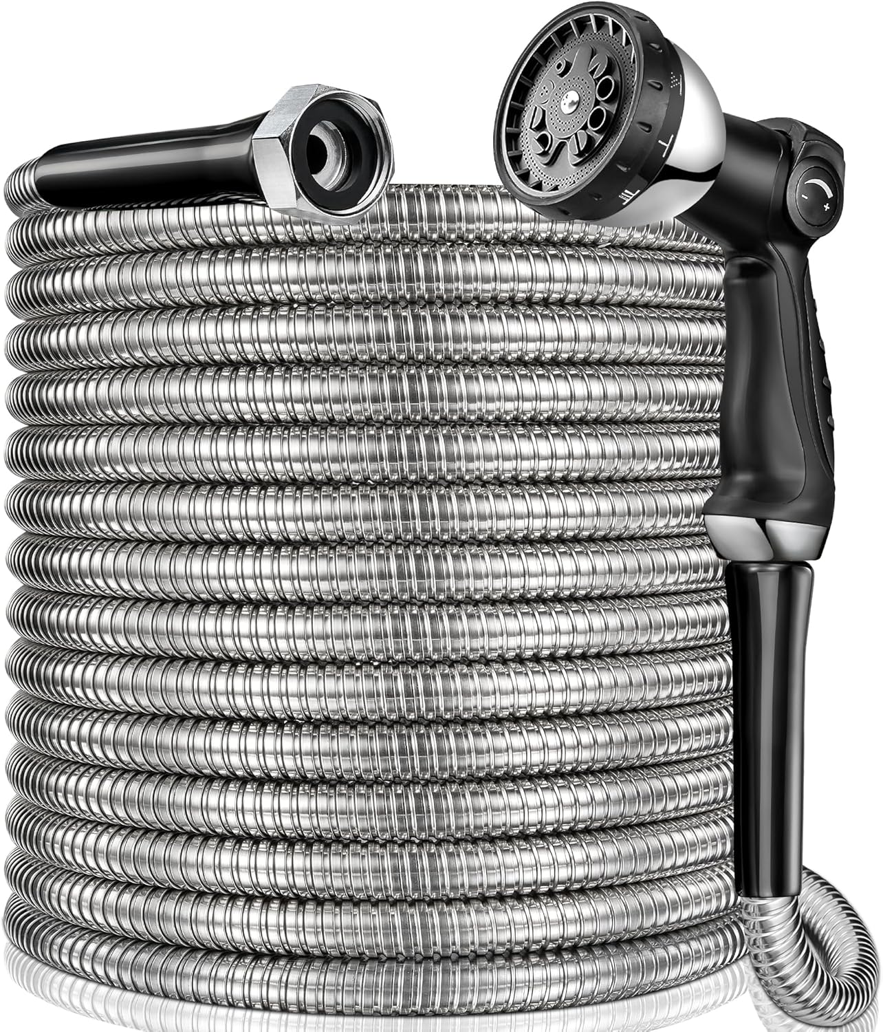 110 ft Garden Hsoe - 2025 New 304 Stainless Steel Garden Hose with 10-Function Spray Gun, 3/4'' Copper-Chrome Fittings – Lightweight, Durable, and Kink-Free, Metal Water Hoses for Gardening