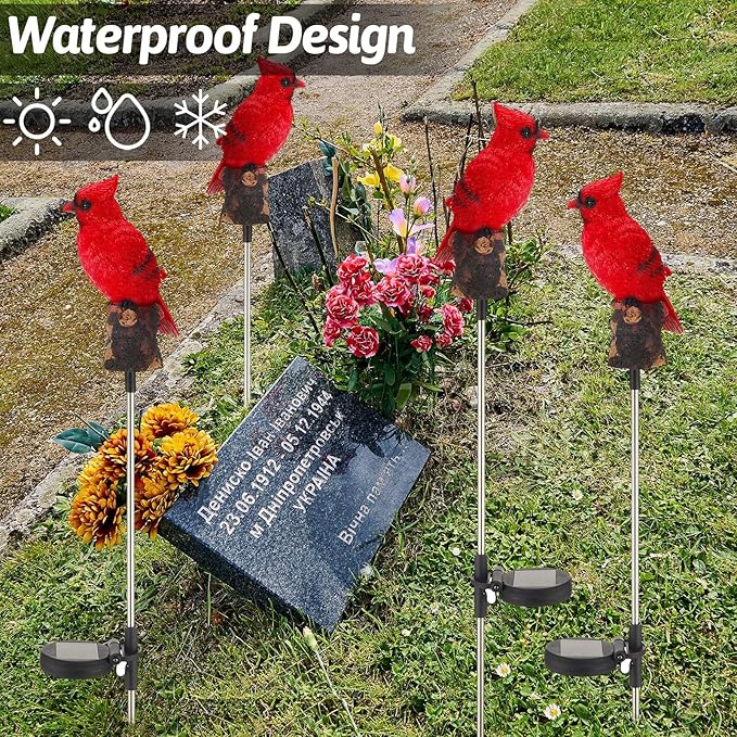 4 Pack Solar Cardinal Stake Light Cardinal Decor Garden Red Bird Figurine Memorial Solar Light Outdoor Pathway Yard Lawn Ornaments for Spring Easter Mothers Day Gifts Decorations Outside Women