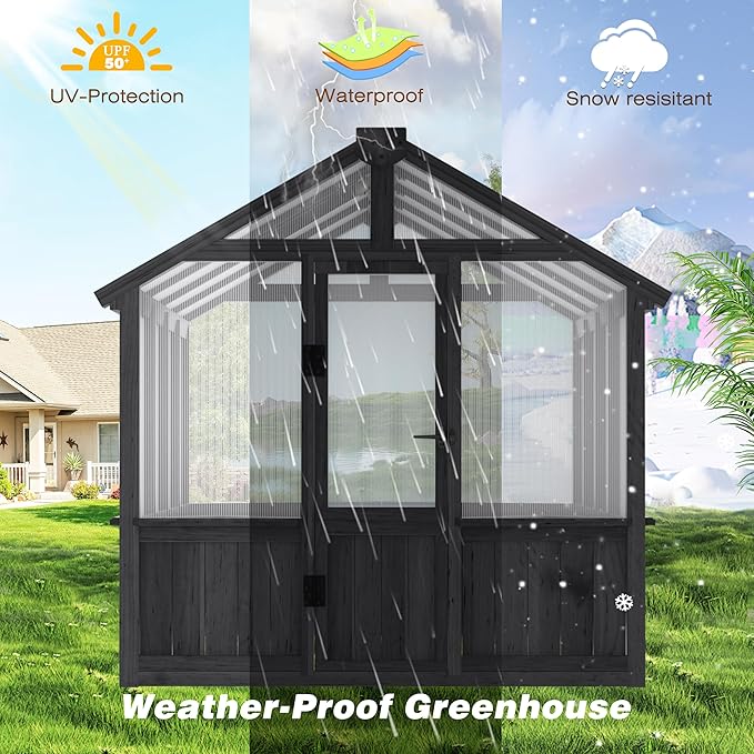 6x8 FT Greenhouse Kit for Outdoor, Thickened Polycarbonate Panel Wooden Walk-in Green House with Lockable Door and Adjustable Roof Vent, Backyard Garden, Black