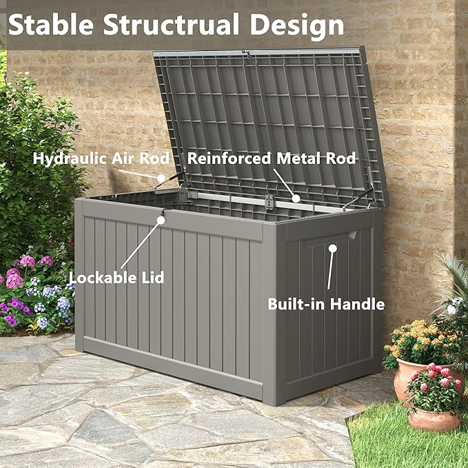 KAMABOKO 230 Gallon Outdoor Storage Box, Resin Deck Boxes Indoor and outdoor, Waterproof Storage Box Lockable Lid for Garden Tools, Package Delivery, Patio Cushions, Grey