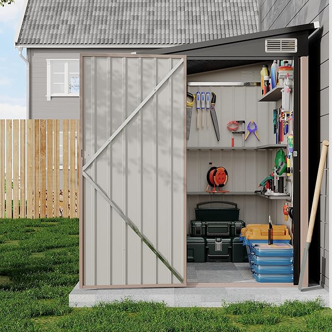 4x8 FT Metal Outdoor Lean to Storage Shed, Lean to Garden Shed Utility Tool Shed, Heavy-Duty Outdoor Metal Wall Side Storage Sheds