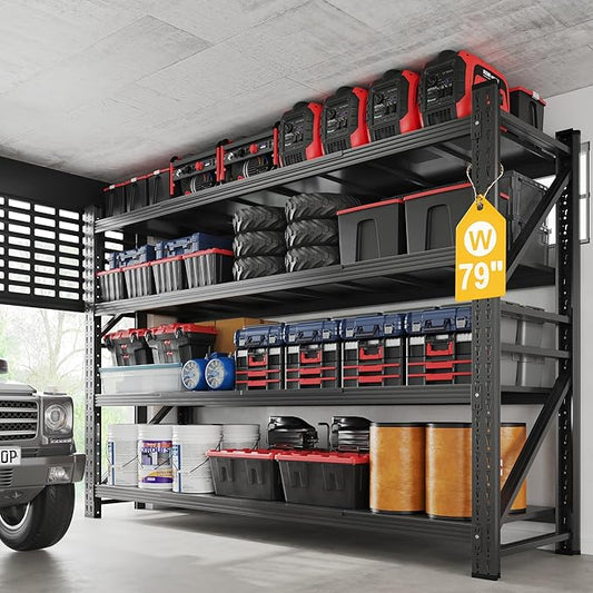 7000LBS Metal Steel Storage Shelves - 78.7" W Black 4 Tier Heavy Duty Rack Commercial Industrial Shelving with Adjustable Shelf for Basement Garage Warehouse - 78.7" W x 24" D x 78.7" H