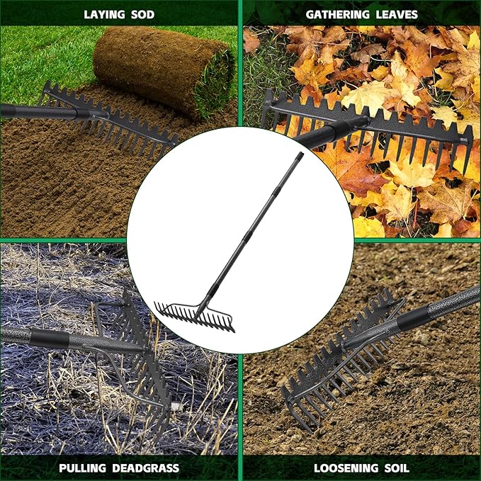 49'' Bow Rake ，17 Tines Metal Head Rakes with Stainless Steel Handle，Heavy Duty Garden Rake for Loosening Soil Gathering Leaf Leveling Lawn Farming Land Management Yarn Thatch Rake