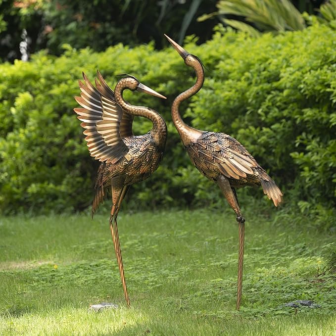 TERESA'S COLLECTIONS Yard Decorations Outdoor Garden Statues, Brass Metal Crane Yard Art, 33-39inch Lawn Ornaments for Backyard, Outside Porch, Patio, Wedding Decor,Set of 2,Spring Decor,Gifts for Mom