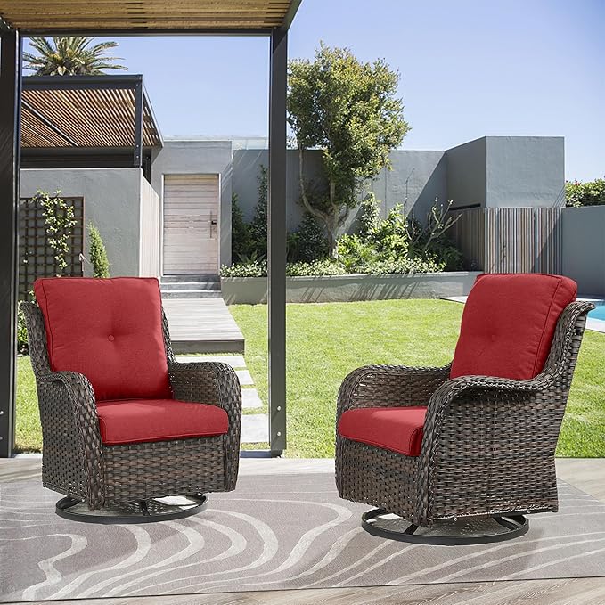 5 Piece Outdoor Patio Furniture Set - Wicker Furniture Patio Conversation Set, Outdoor Swivel Rocker Chairs with 3-Seater Sofa and 2 Ottomans for Small Space, Red Cushion