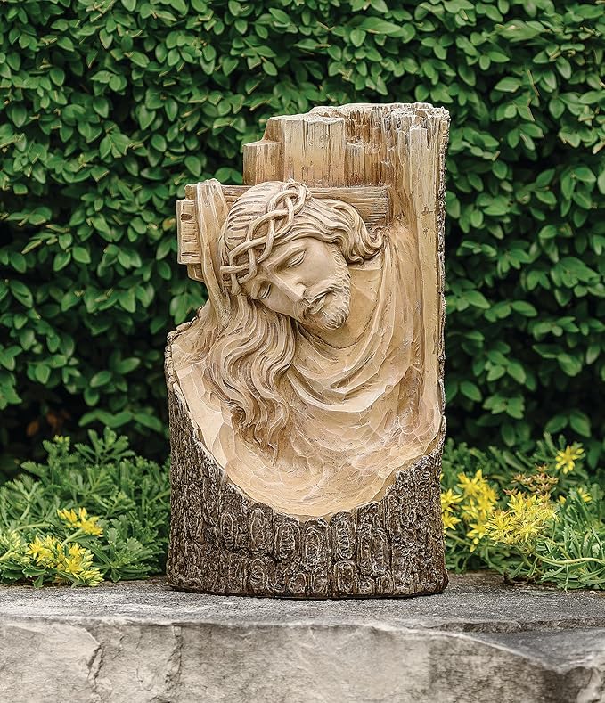 Joseph's Studio by Roman, 12" H Carved Cross with Jsesus Garden Statue, Religious Outdoor Decor